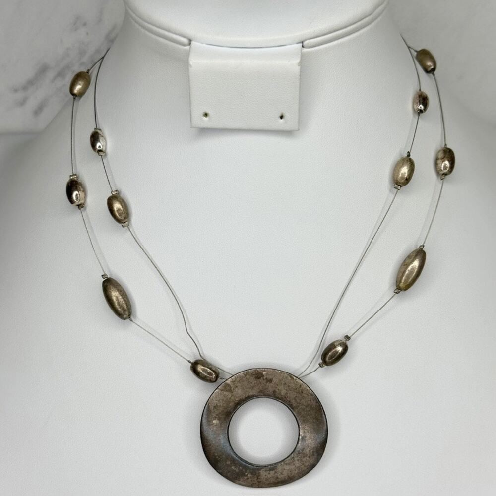 Chico's Open Circle Pendant Beaded Silver Necklace ✨